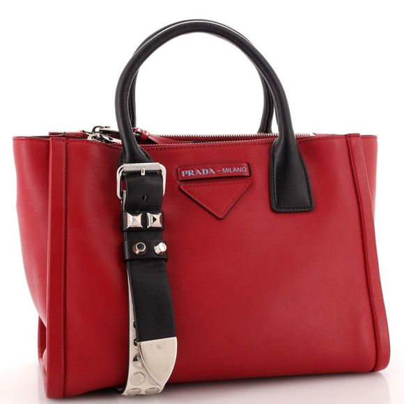 Prada Belted Concept Double Zip Tote Calfskin Small Red - Picture 2 of 12